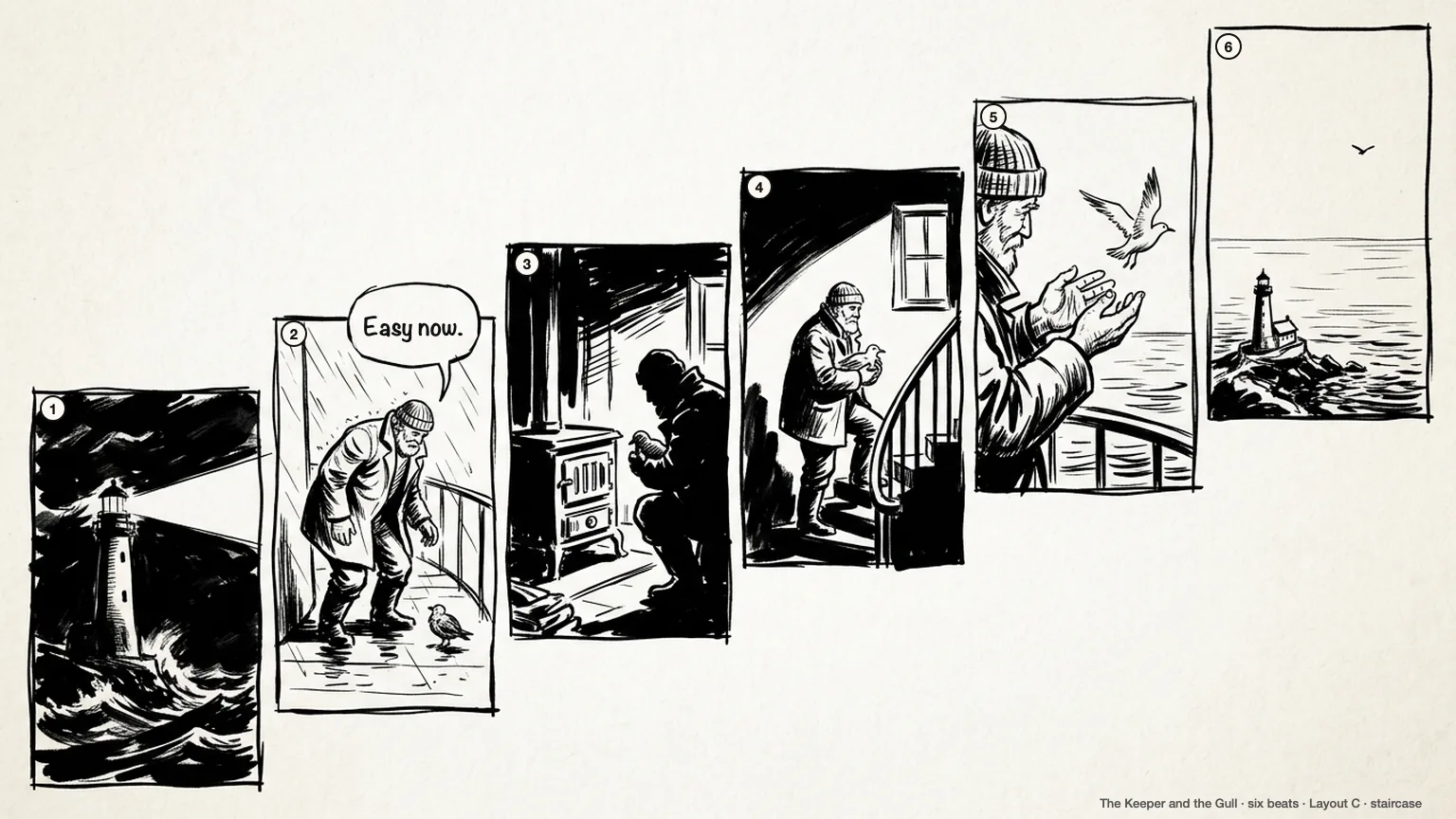 Black ink storyboard page with six panels stepping up like a staircase: a lighthouse keeper rescues a seabird and releases it at dawn
