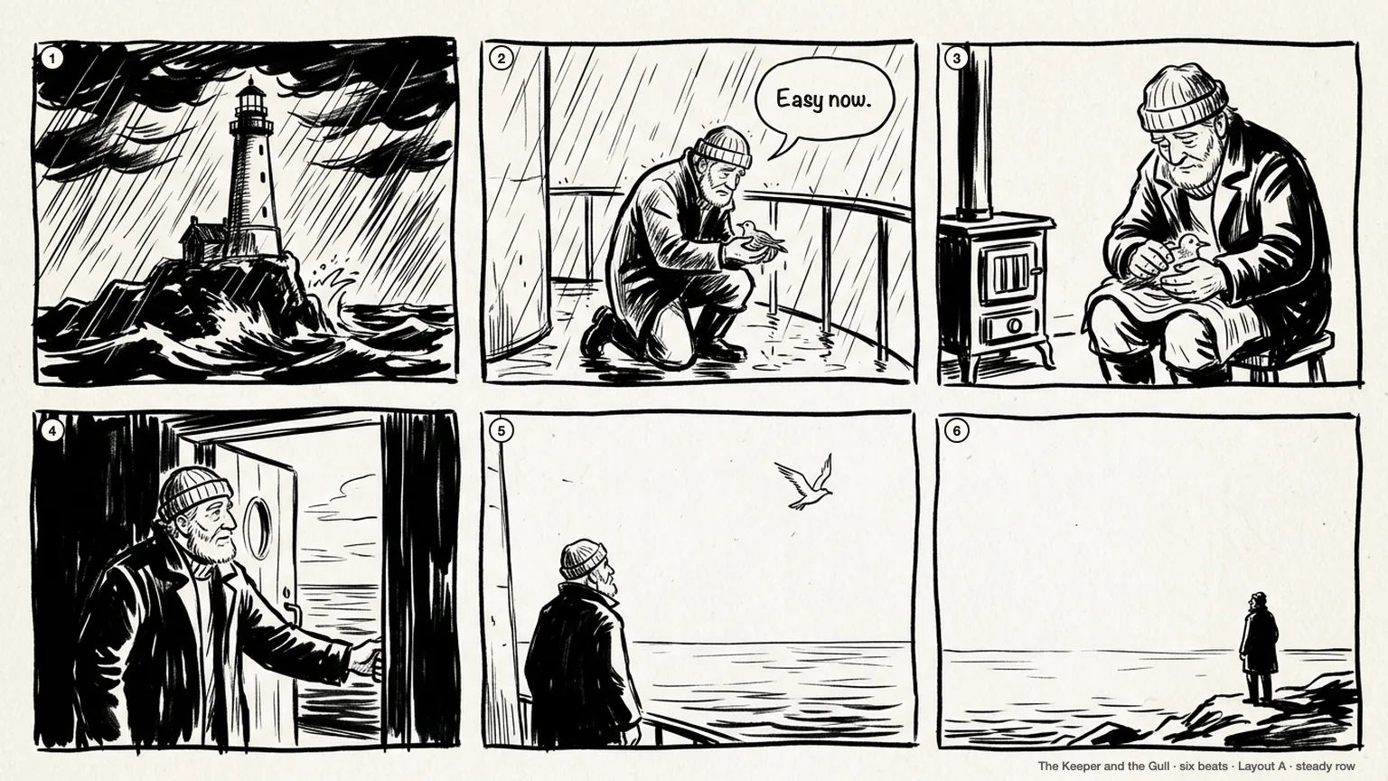 Ink storyboard page in two even rows: storm, the keeper kneeling with the bird and saying Easy now, the stove, dawn and the release