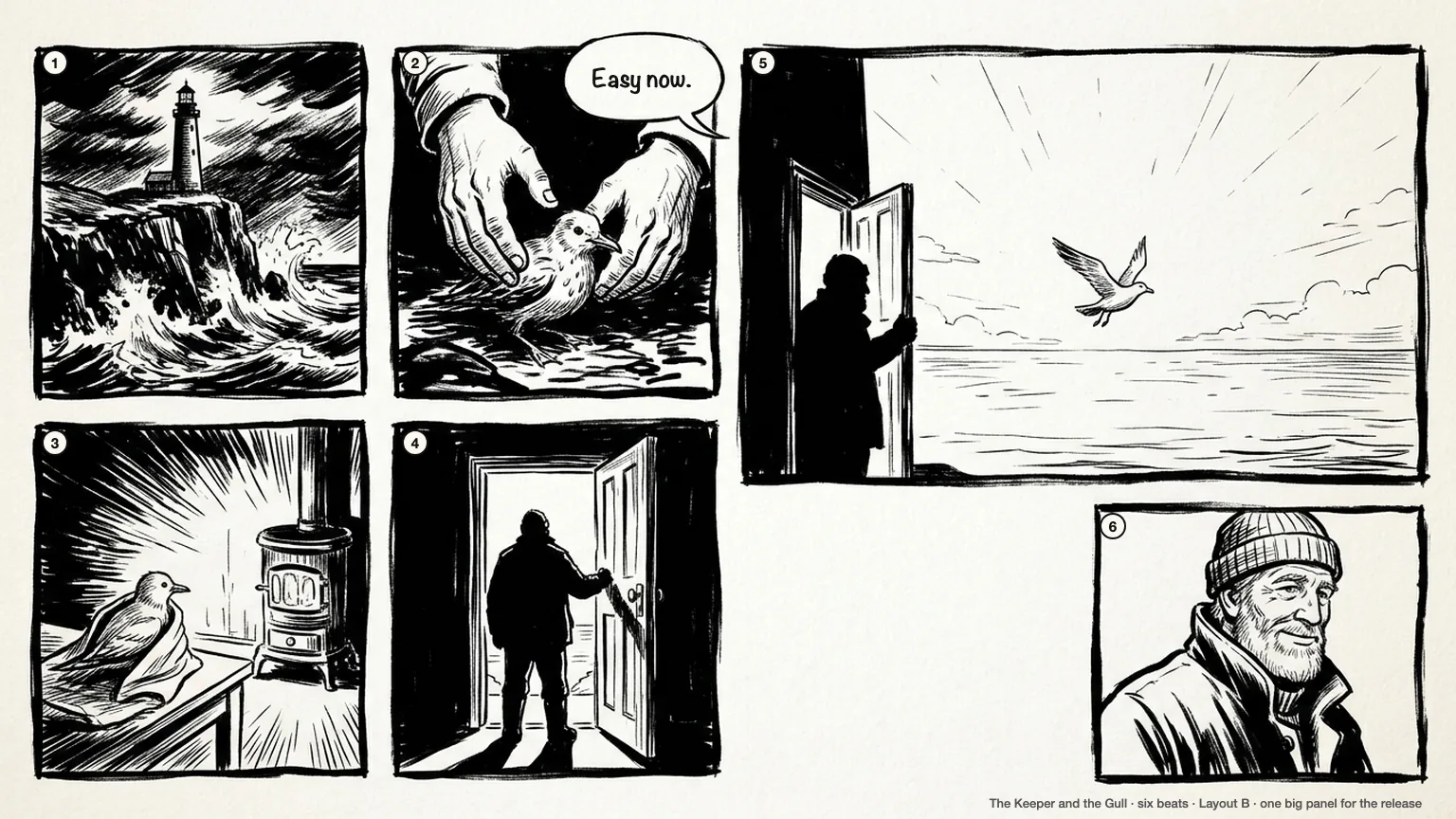 Ink storyboard page with one large panel of the bird flying over calm water beside smaller panels of the storm and the keeper's smile