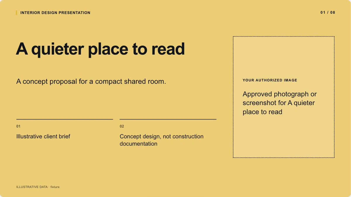 Interior Design Presentation sample, slide 1: A quieter place to read