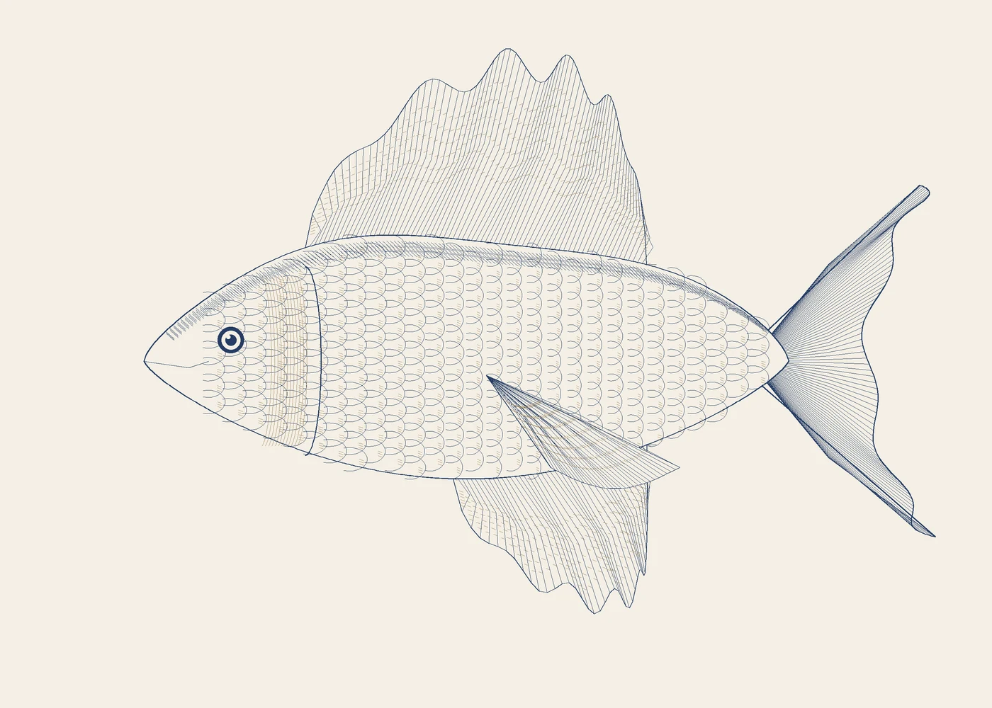 Invented fish rendered with curved fins, overlapping scale arcs and fine etched lines