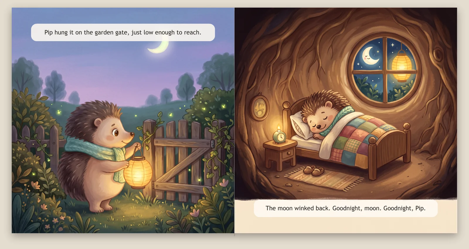 Picture-book spread: Pip the hedgehog hangs a glowing paper lantern on a garden gate at dusk, then sleeps in bed while the lantern and a smiling moon shine through the window