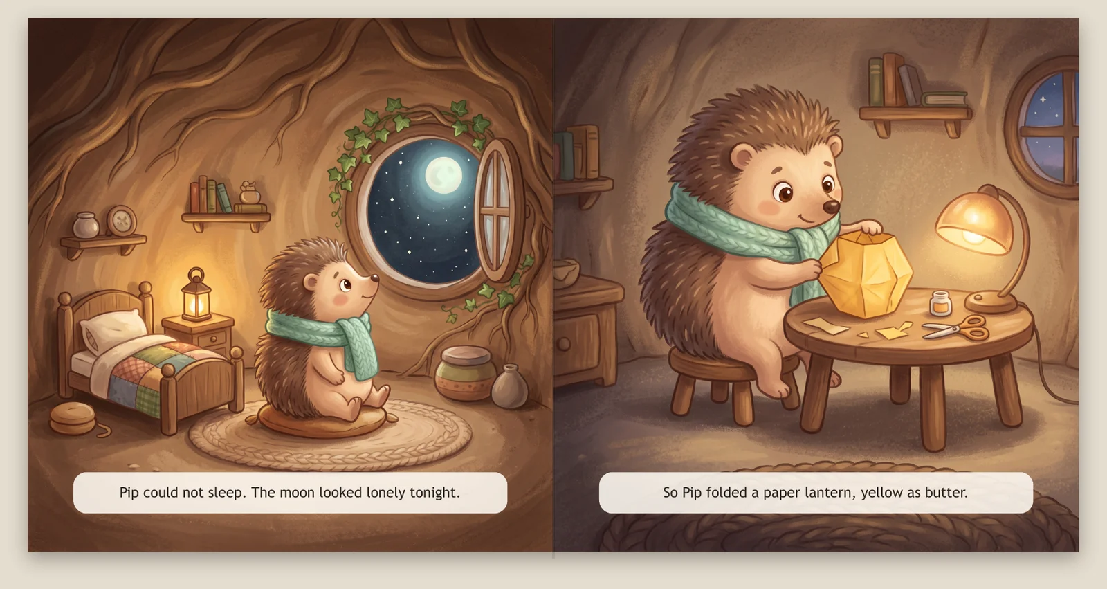 Picture-book spread: Pip the hedgehog in a mint scarf sits by a round window looking at the moon, then folds a yellow paper lantern at a small table