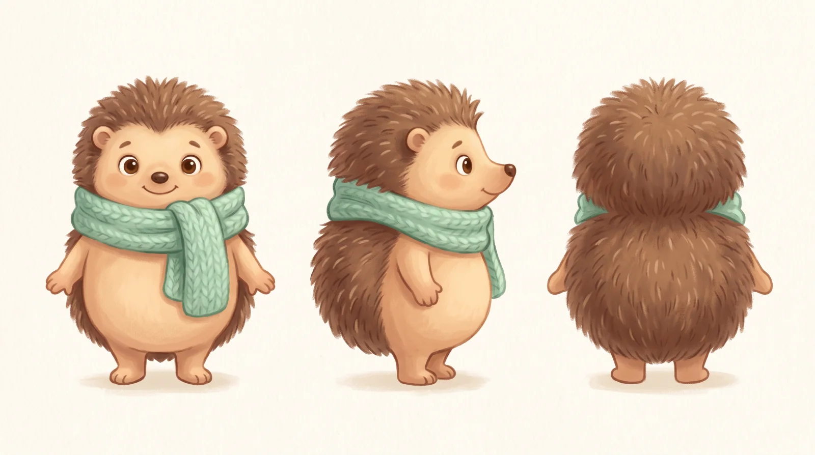 Character sheet for Pip, a round brown hedgehog in a mint knitted scarf, shown from the front, side and back