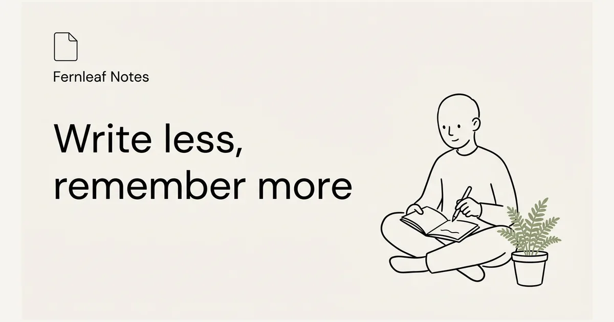 1200 by 630 share card for a fictional notes app, Fernleaf Notes, headline Write less, remember more, with a line-art person writing beside a fern