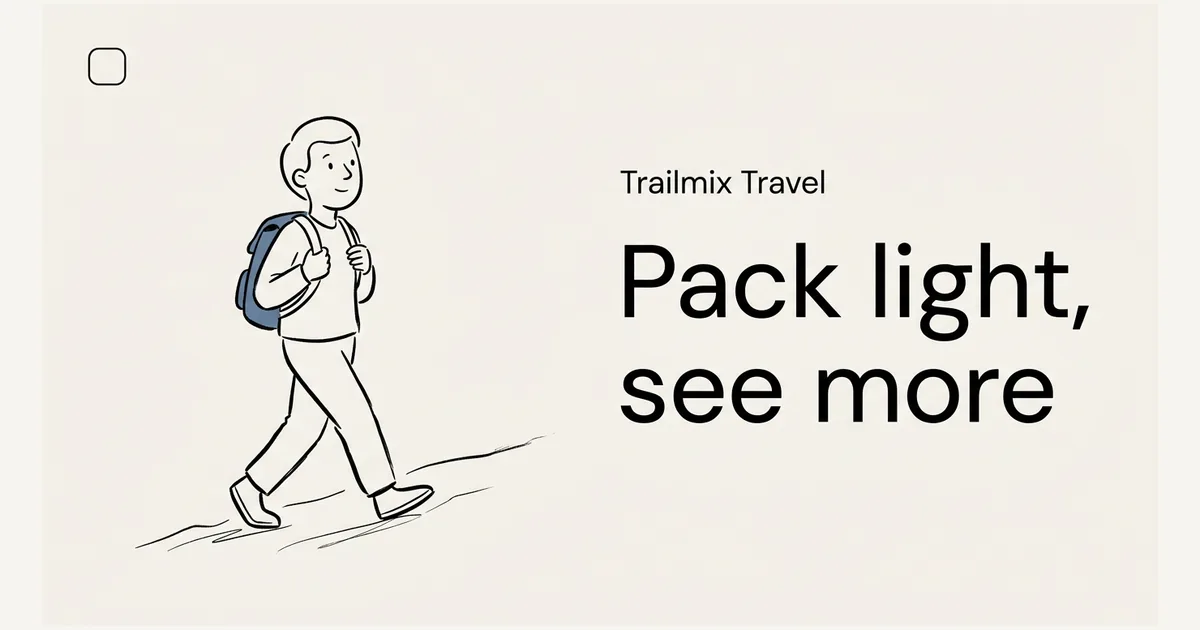 Share card for a fictional travel newsletter, Trailmix Travel, headline Pack light, see more, with a line-art hiker carrying a small blue daypack