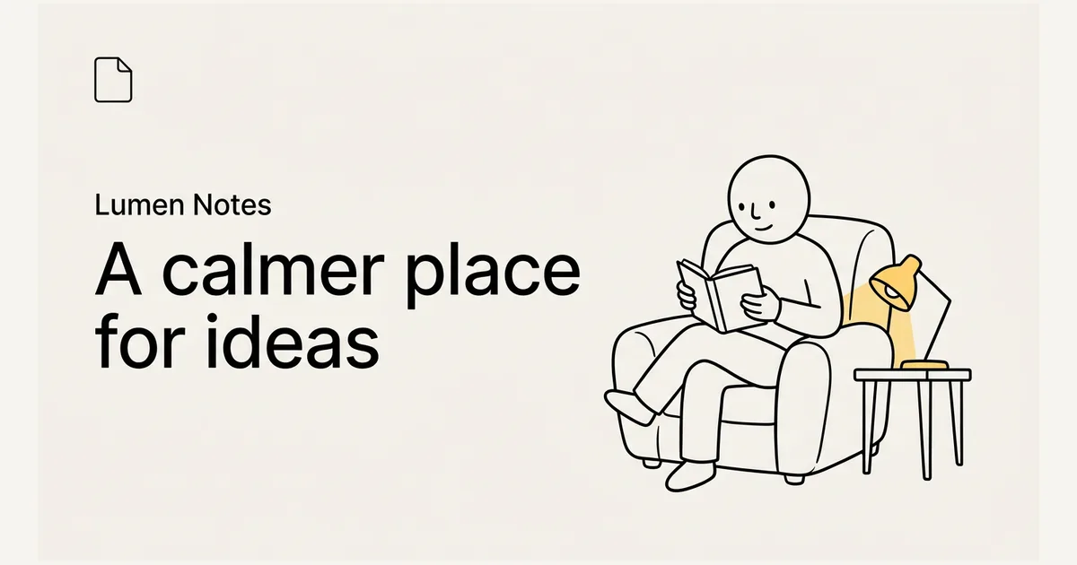 Share card for a fictional notes app, Lumen Notes, headline A calmer place for ideas, with a line-art reader in an armchair under a yellow lamp