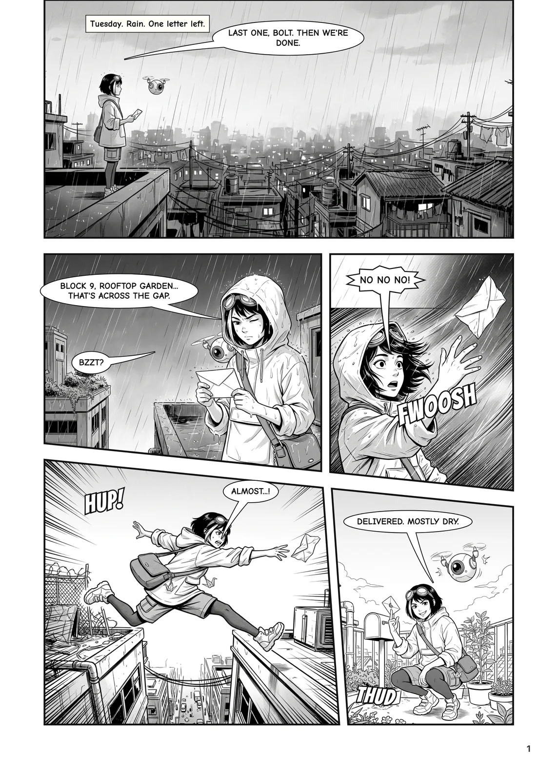 Manga page: a courier on a rainy rooftop loses a letter to the wind, leaps the gap and lands in a rooftop garden, lettered with speech balloons, a shout burst and sound effects