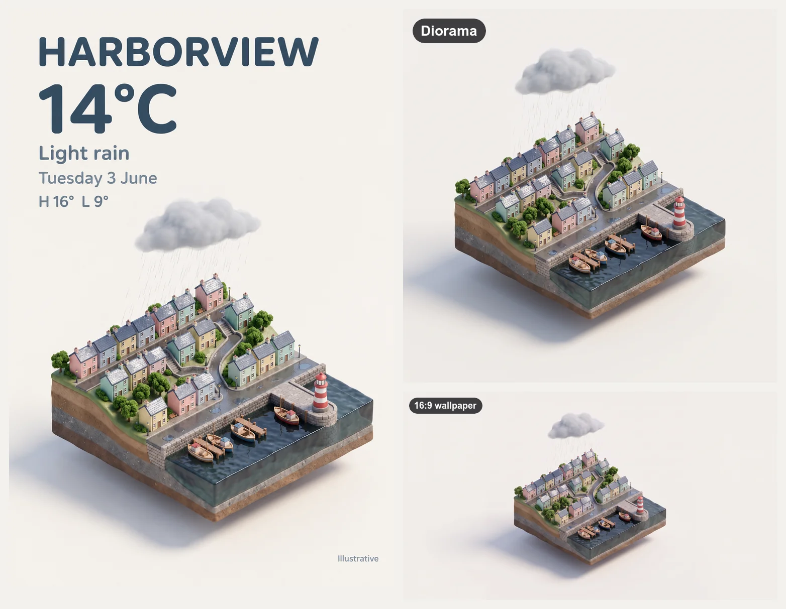 Weather card reading HARBORVIEW, 14°C, Light rain, Tuesday 3 June, H 16° L 9° and Illustrative above a floating isometric block of pastel cottages, a striped lighthouse and boats under a small rain cloud, with the plain diorama and a wide wallpaper version