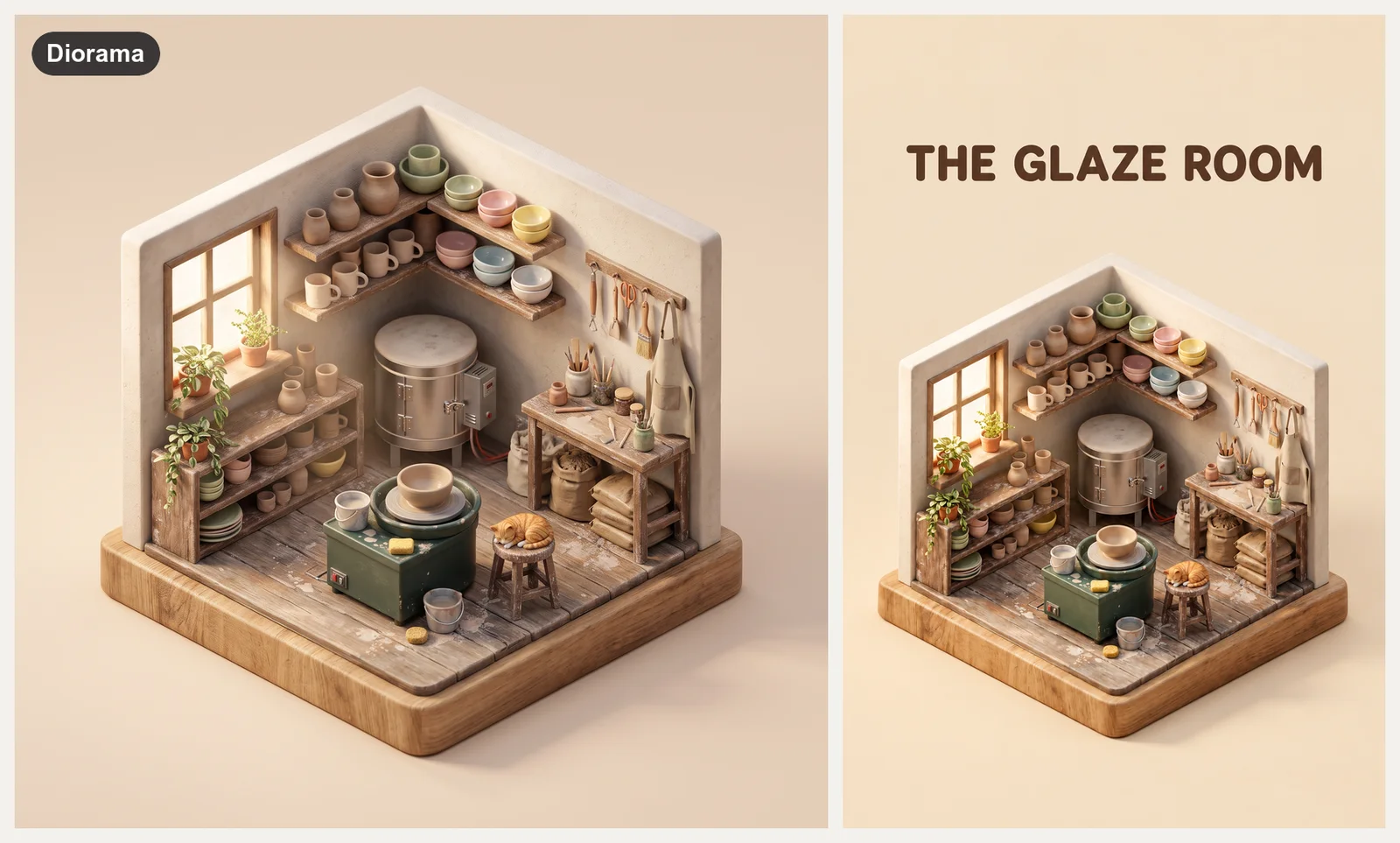 Isometric cube-room diorama of a small ceramics studio with a pottery wheel, shelves of pastel cups, a kiln and a sleeping cat, beside a label card reading THE GLAZE ROOM