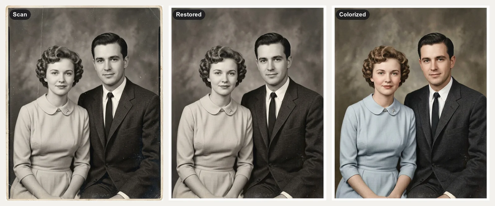 Scratched black-and-white 1950s studio portrait of a fictional AI-generated couple with a crease, the restored print, and a colorized version with her dress pale blue and his suit charcoal