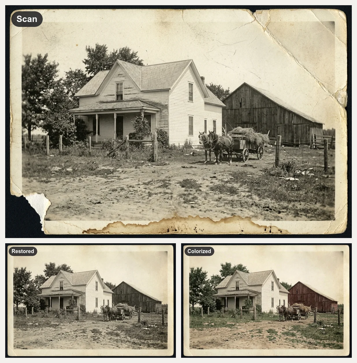 Torn, stained 1920s print of a farmhouse, barn and hay cart, the restored print, and a colorized version with a dark red barn and white house