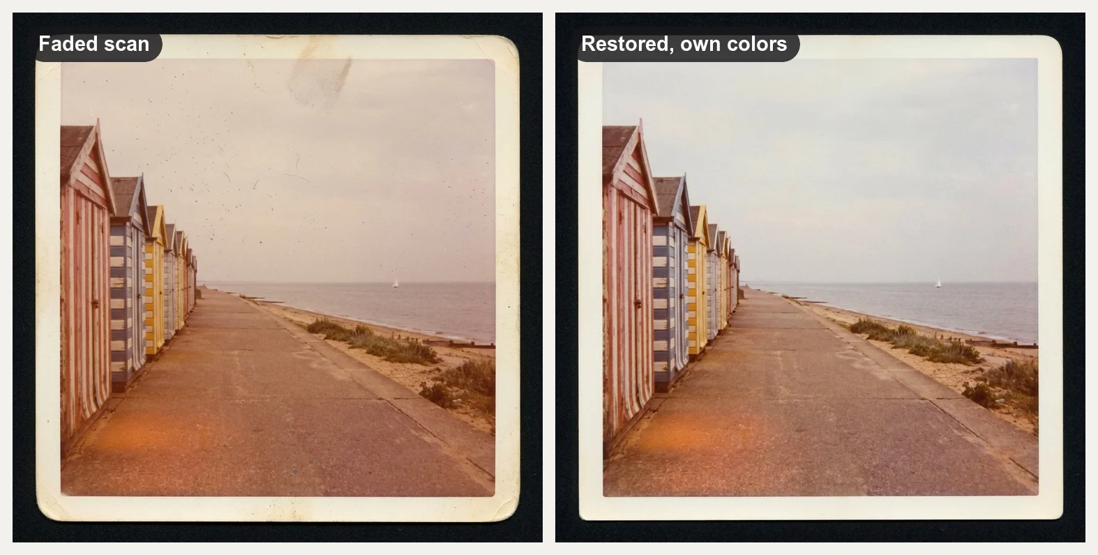 Faded 1978 square snapshot of striped beach huts with a magenta cast and a thumbprint, and the cleaned print in its own colors