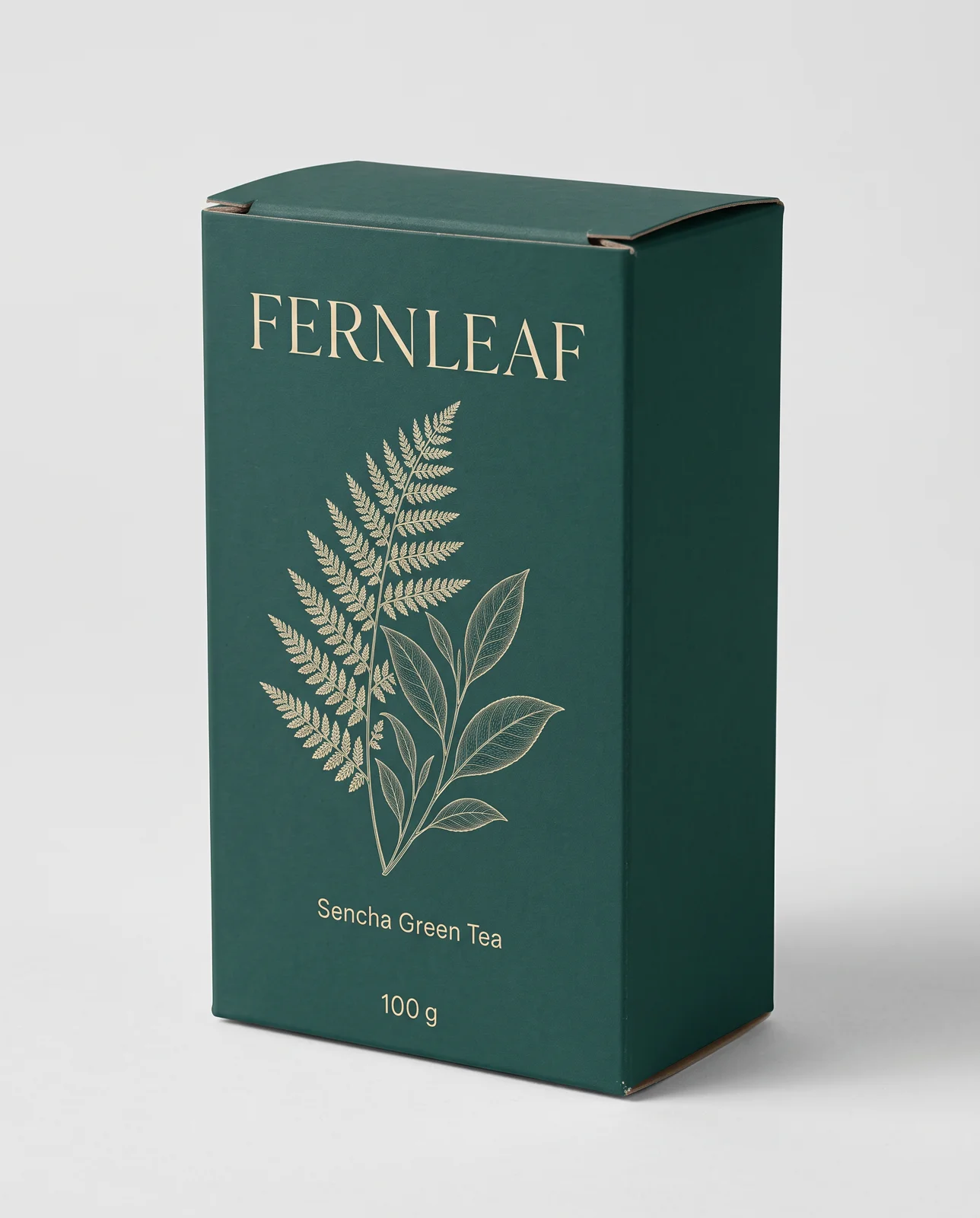 Box packaging mockup: a deep teal Fernleaf Sencha Green Tea carton with a cream fern illustration on a light grey backdrop