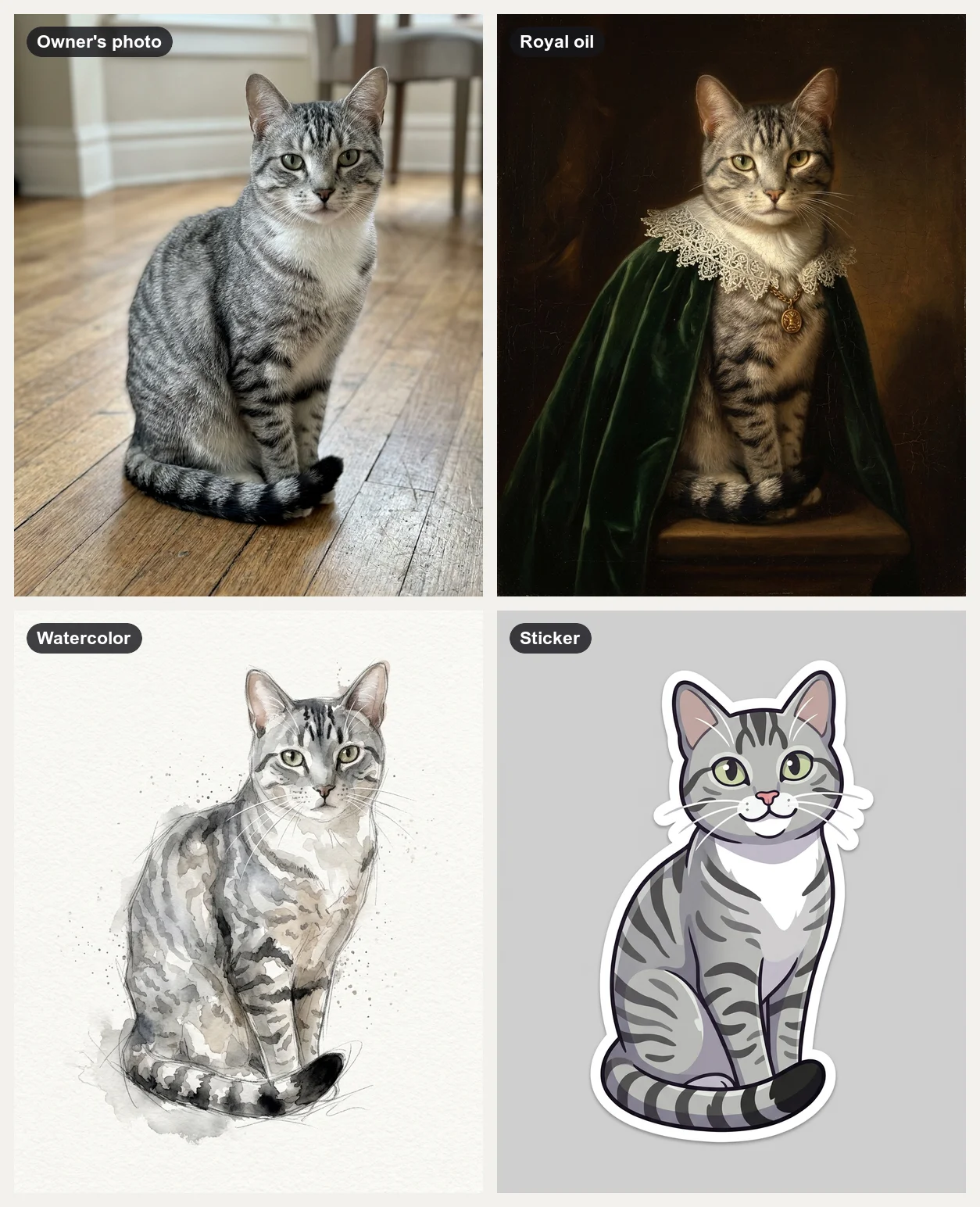 Photo of a fictional grey tabby cat with a white bib, the same cat as a 17th-century style oil portrait in a green velvet cape and lace collar, as a loose watercolor, and as a cartoon sticker