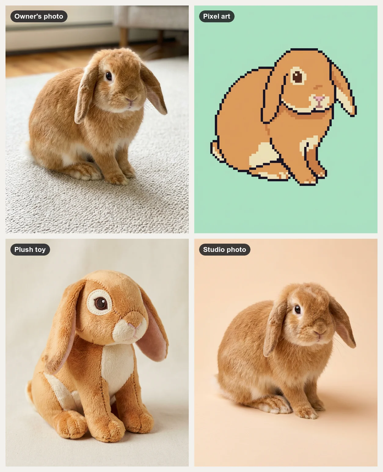 Photo of a fictional ginger lop-eared rabbit, the same rabbit as pixel art, a stitched plush toy and a studio portrait on a peach backdrop