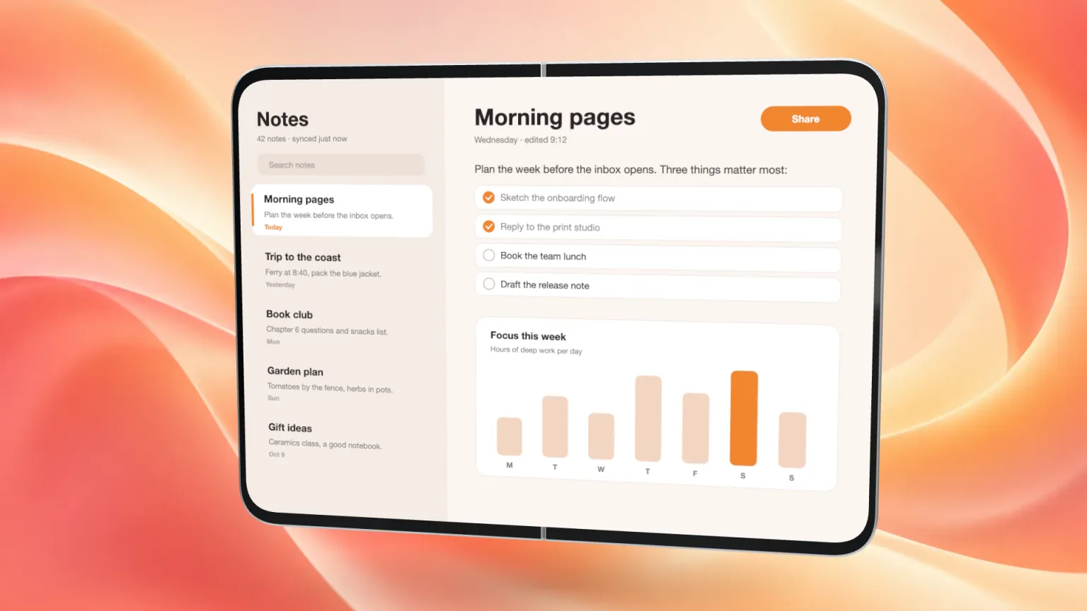 App screen on an open foldable phone over a soft backdrop, 16:9