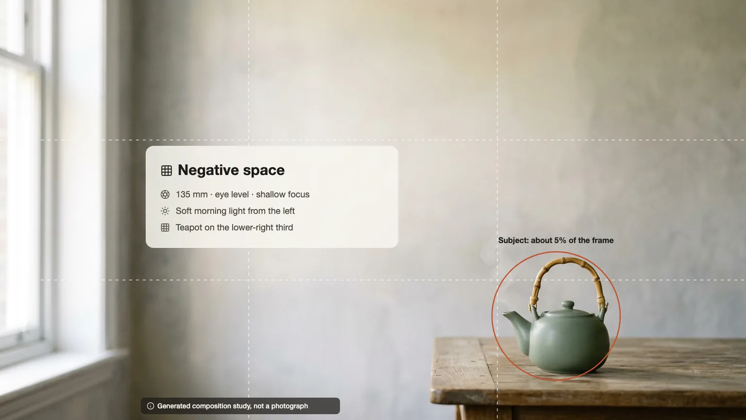 Negative space study: a small sage green teapot in the lower right third of a calm pale wall, with thirds grid lines