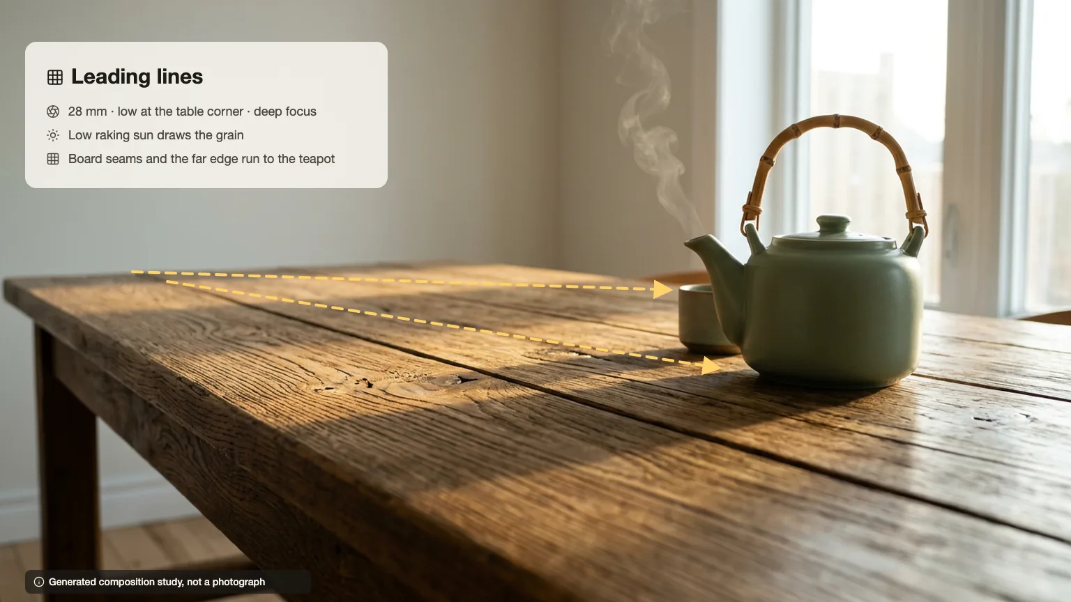 Leading lines study: low view along a sunlit oak table whose seams run toward the steaming teapot, arrows marking the lines
