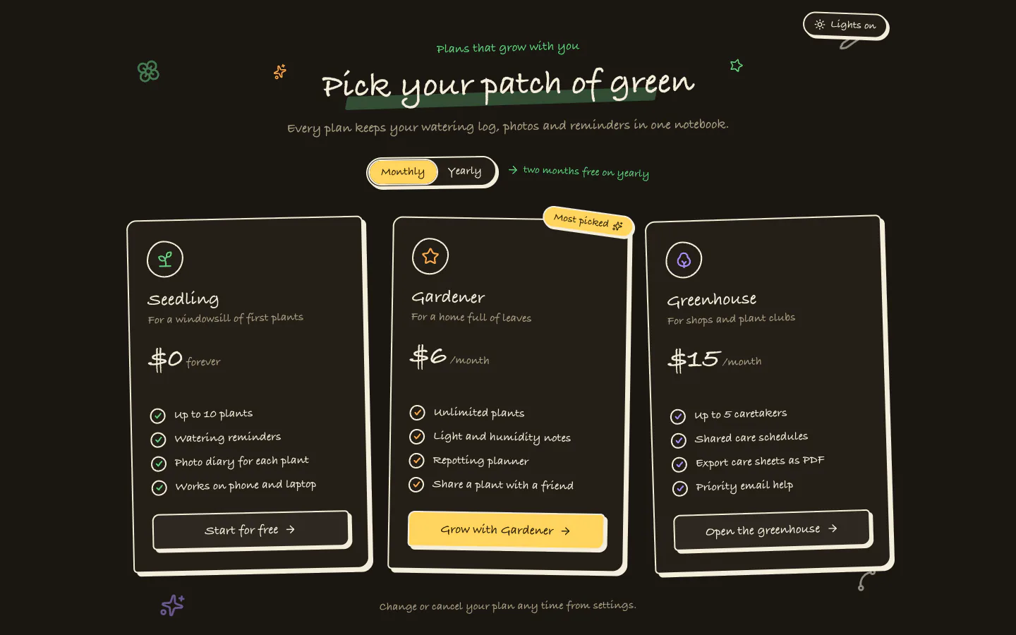 Hand-Drawn Pricing Section: first screen