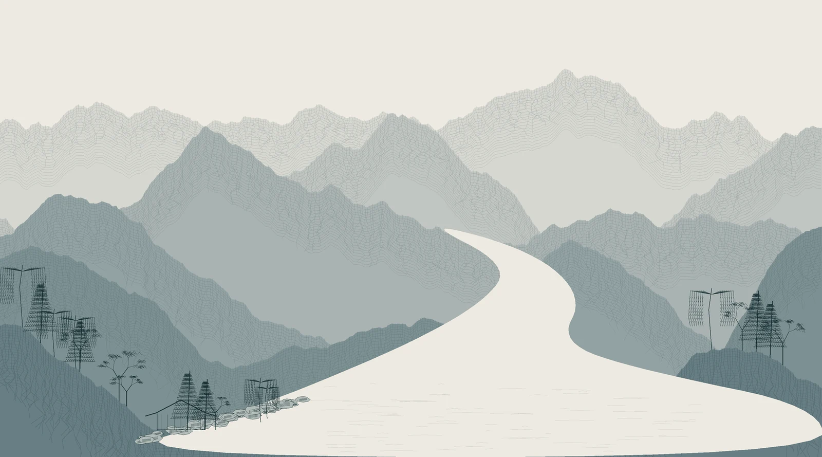 Procedural ink landscape with layered mountain ridges, a winding pale river and foreground trees