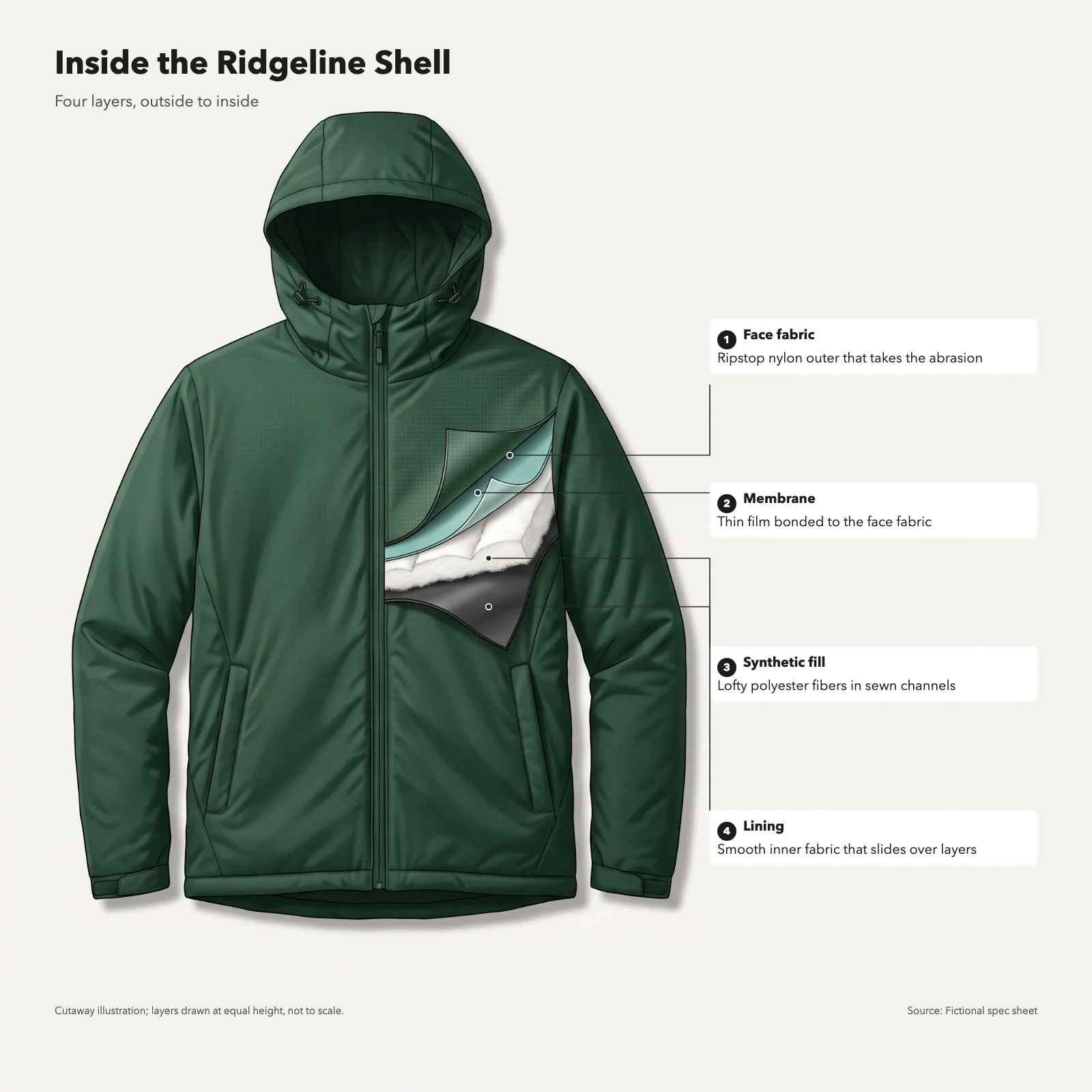 Fictional green insulated shell jacket with a peeled-back chest panel showing face fabric, membrane, synthetic fill and lining, each numbered and labeled