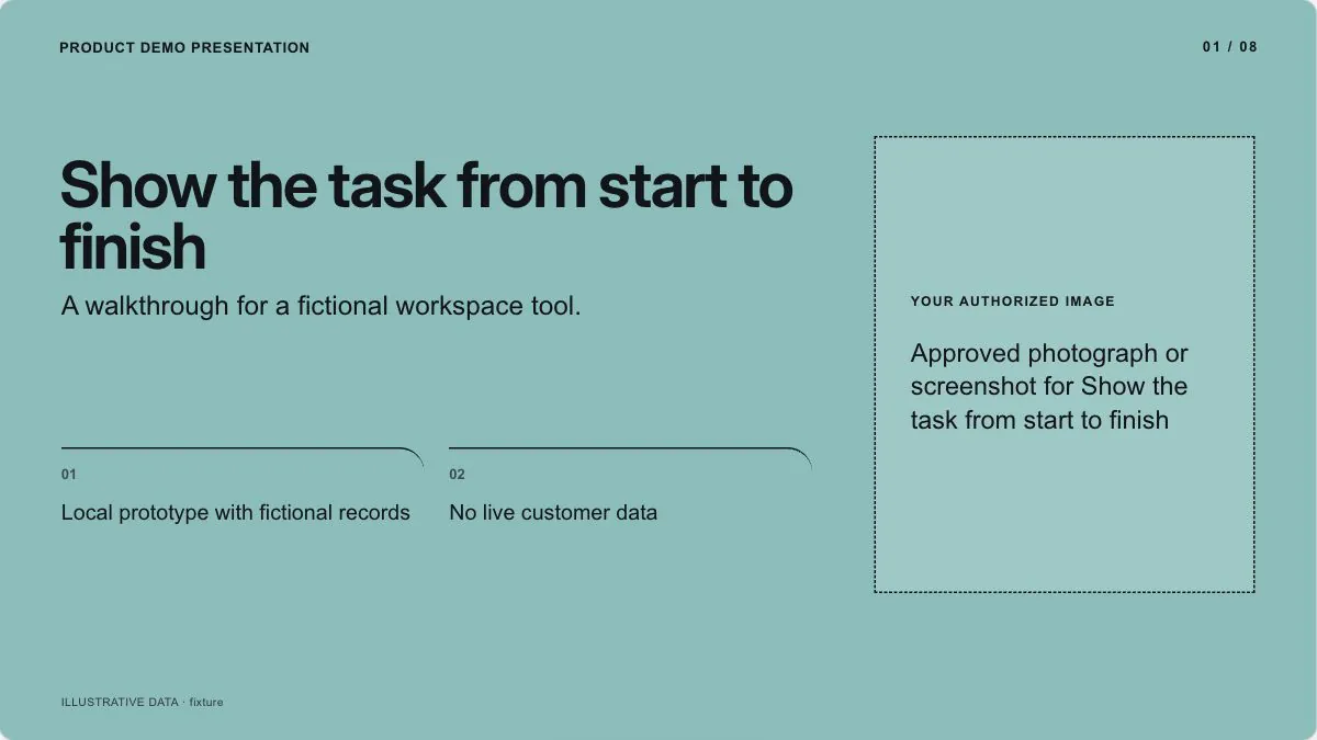 Product Demo Presentation sample, slide 1: Show the task from start to finish