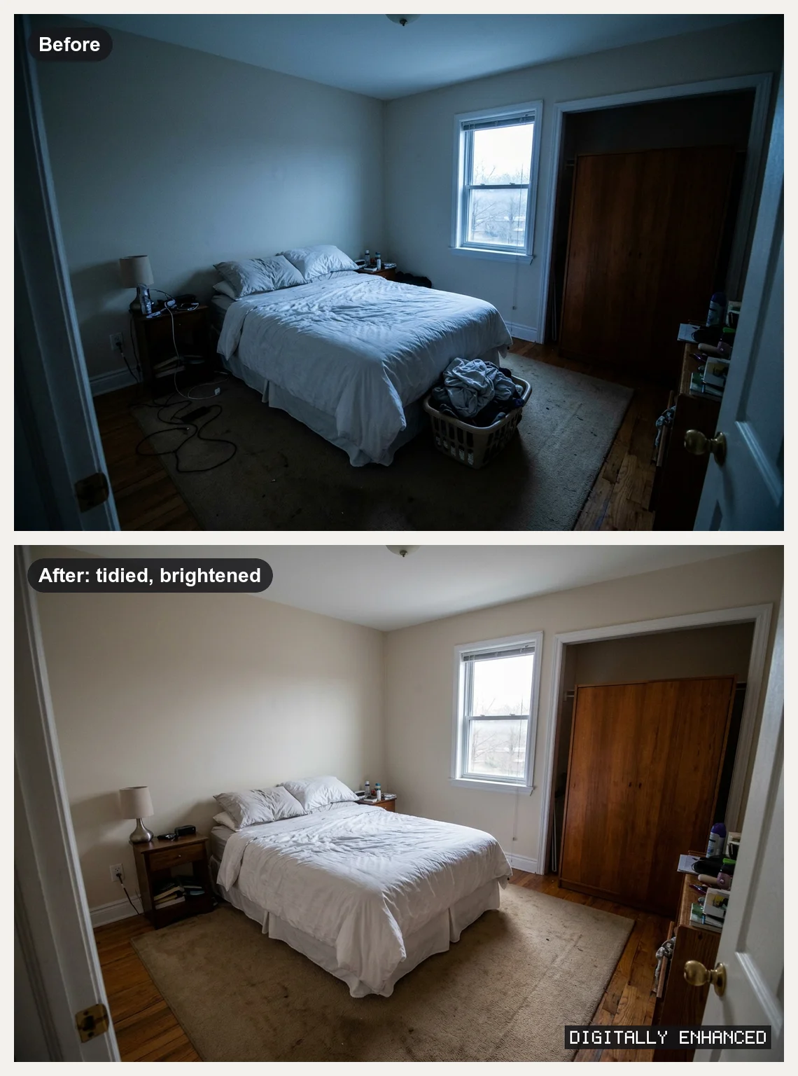 Dim bluish bedroom with a charger cable and a laundry basket, and the same bedroom tidied and brightened with daylight, with a Digitally enhanced label
