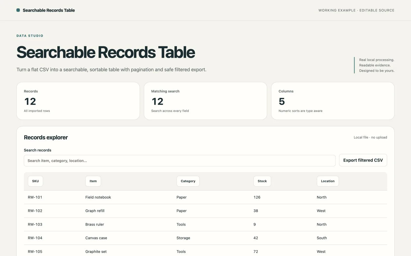 A searchable table with numeric sorting and safe CSV export — working example