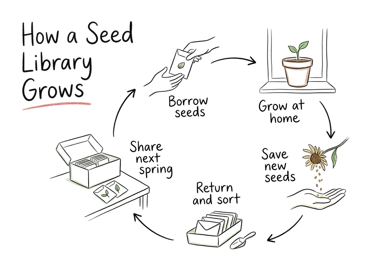 Hand-drawn sketchnote titled How a Seed Library Grows, a loop of five pencil scenes from borrowing seeds to sharing them next spring