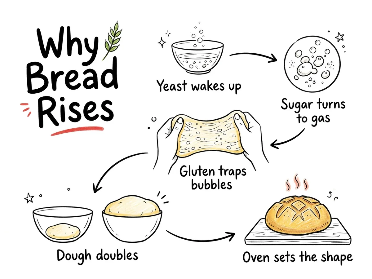 Sketchnote titled Why Bread Rises, a five-step chain from yeast waking up to the oven setting the shape of a round loaf