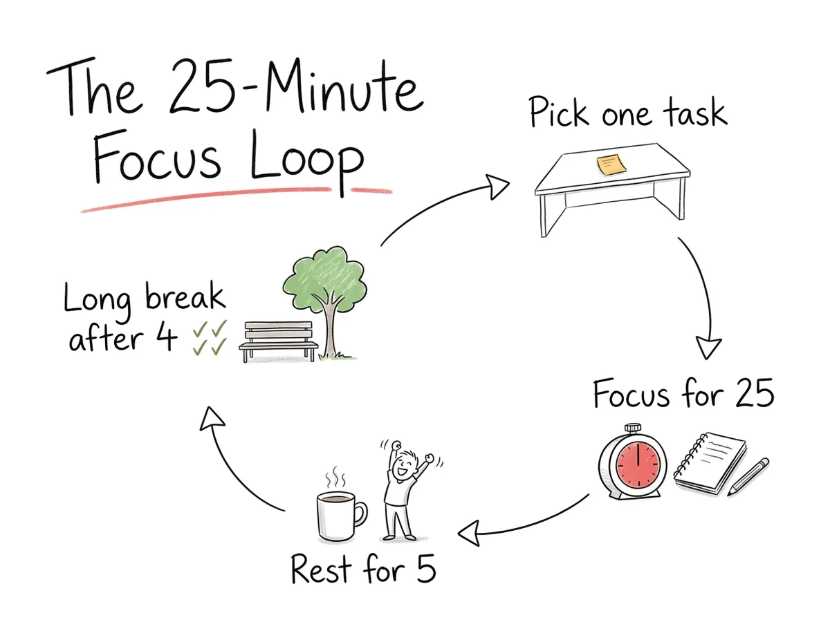 Sketchnote titled The 25-Minute Focus Loop, a cycle of picking one task, focusing, resting and taking a long break after four rounds