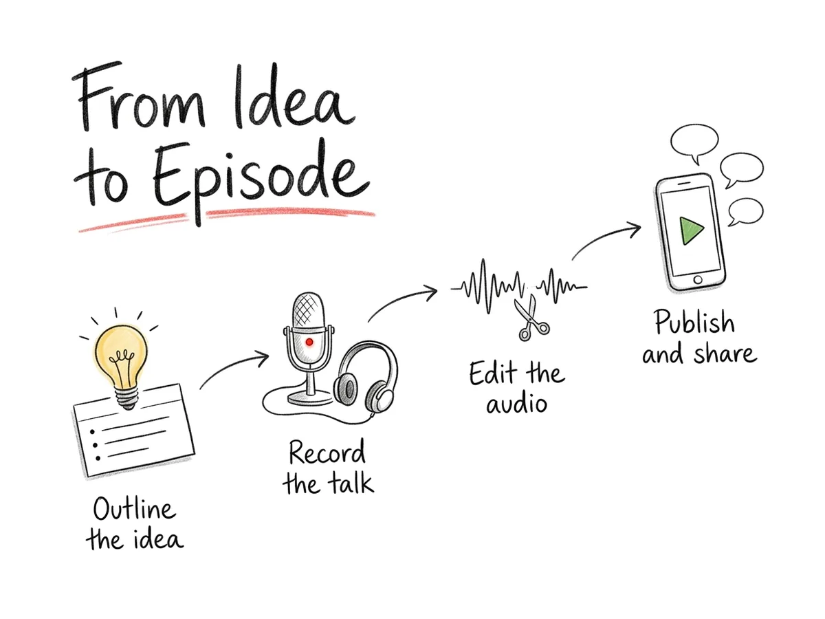 Sketchnote titled From Idea to Episode, four drawings from an outline and a microphone to an edited waveform and a phone ready to share