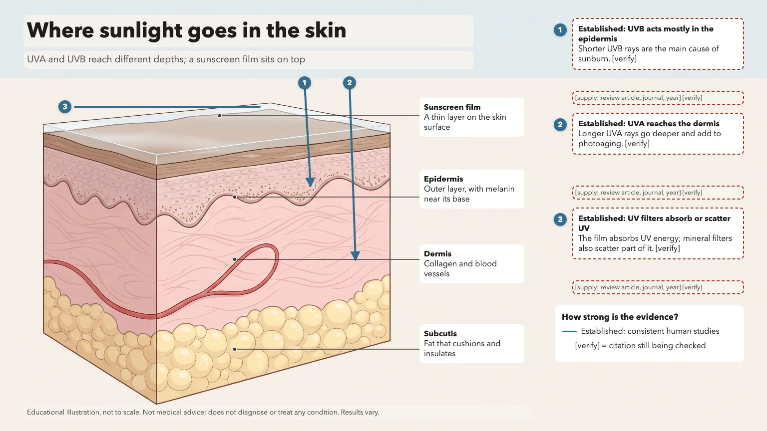 Skin cross-section titled Where sunlight goes in the skin, with UVB and UVA arrows reaching the epidermis and dermis under a sunscreen film, plus evidence cards