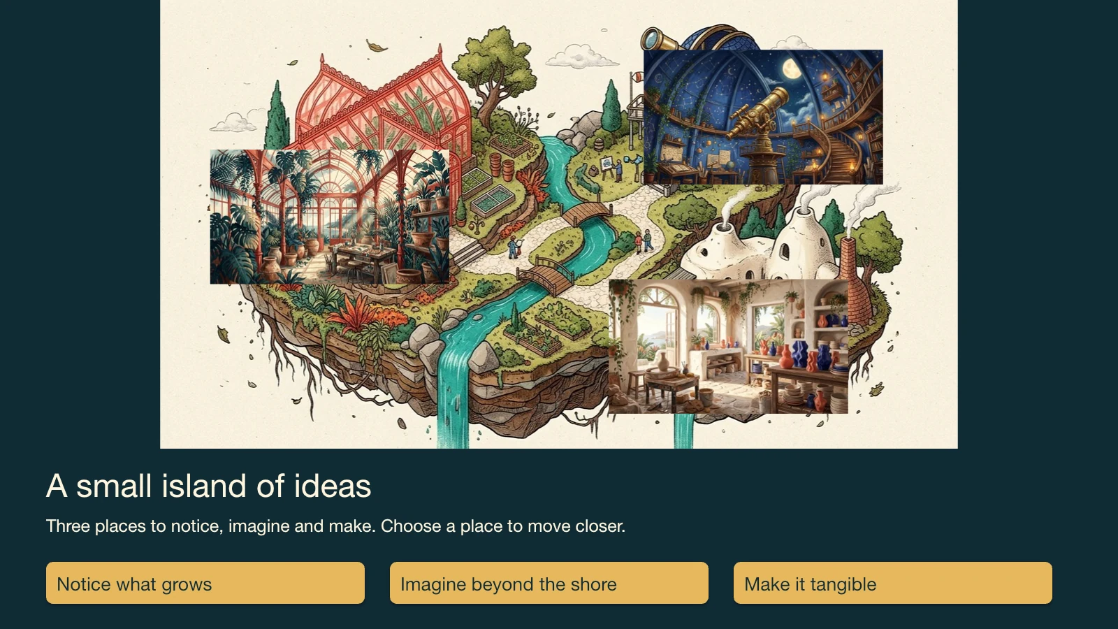Spatial story overview with a floating island, three illustrated destinations and navigation choices
