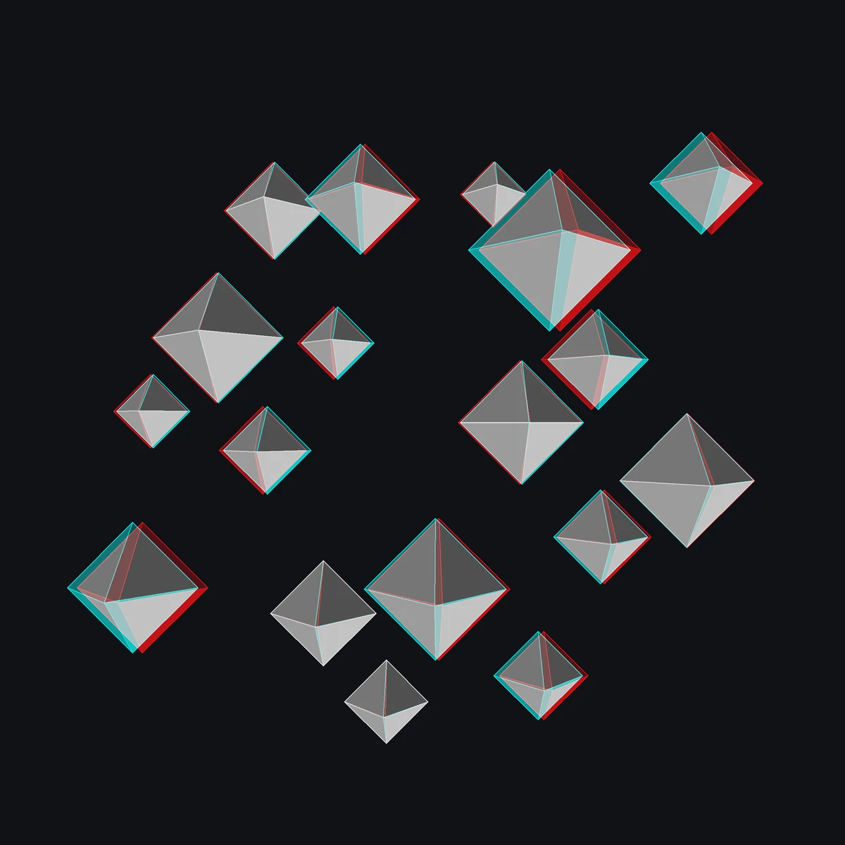 Red and cyan camera views combined into an anaglyph of floating faceted geometric forms