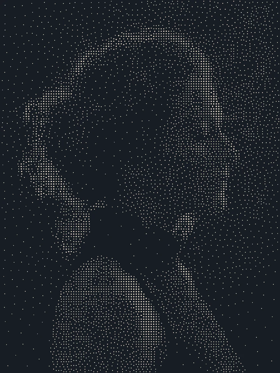 Light stipple dots form a side-profile portrait on a dark background