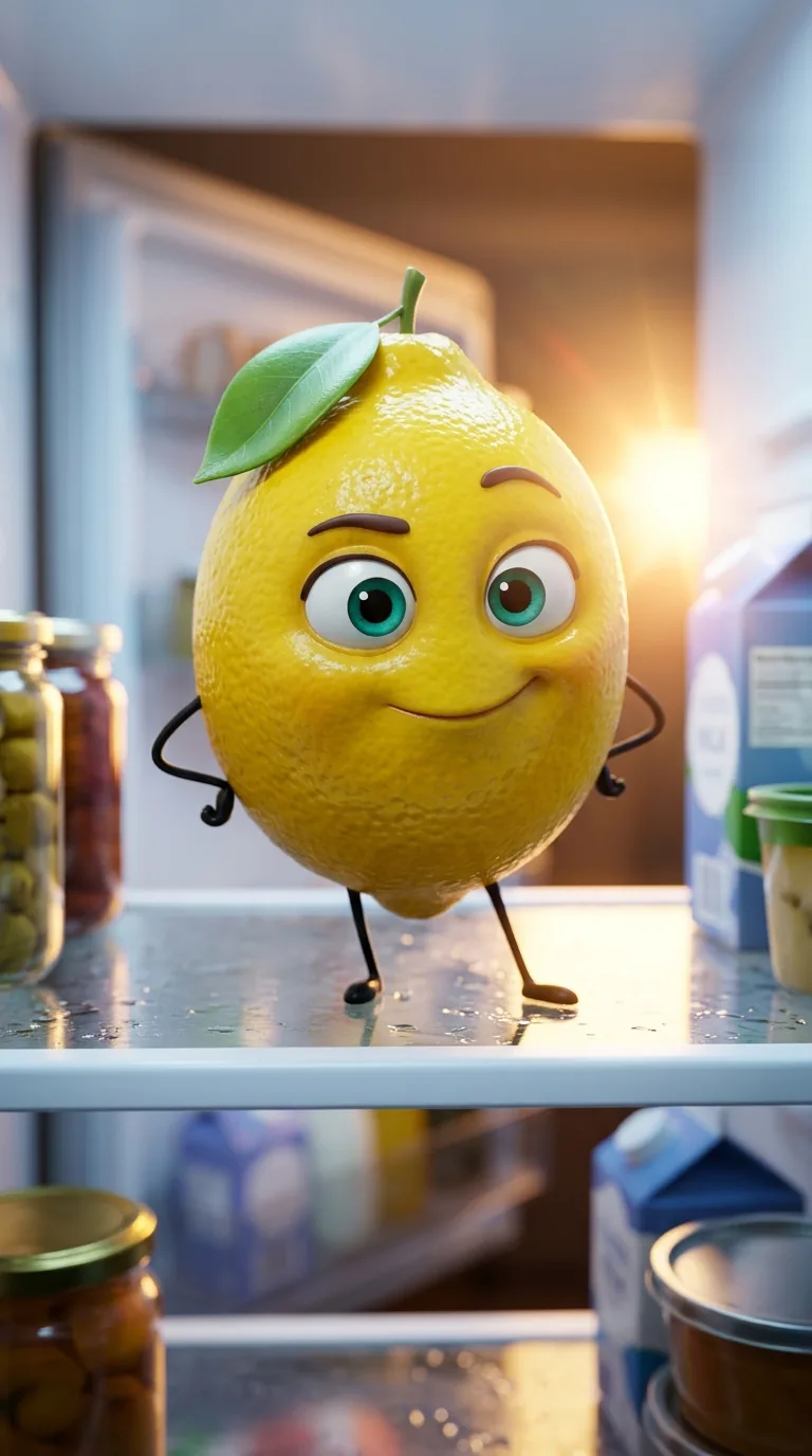 Talking Object Drama Series: Keyframe: Lena Lemon on the top fridge shelf
