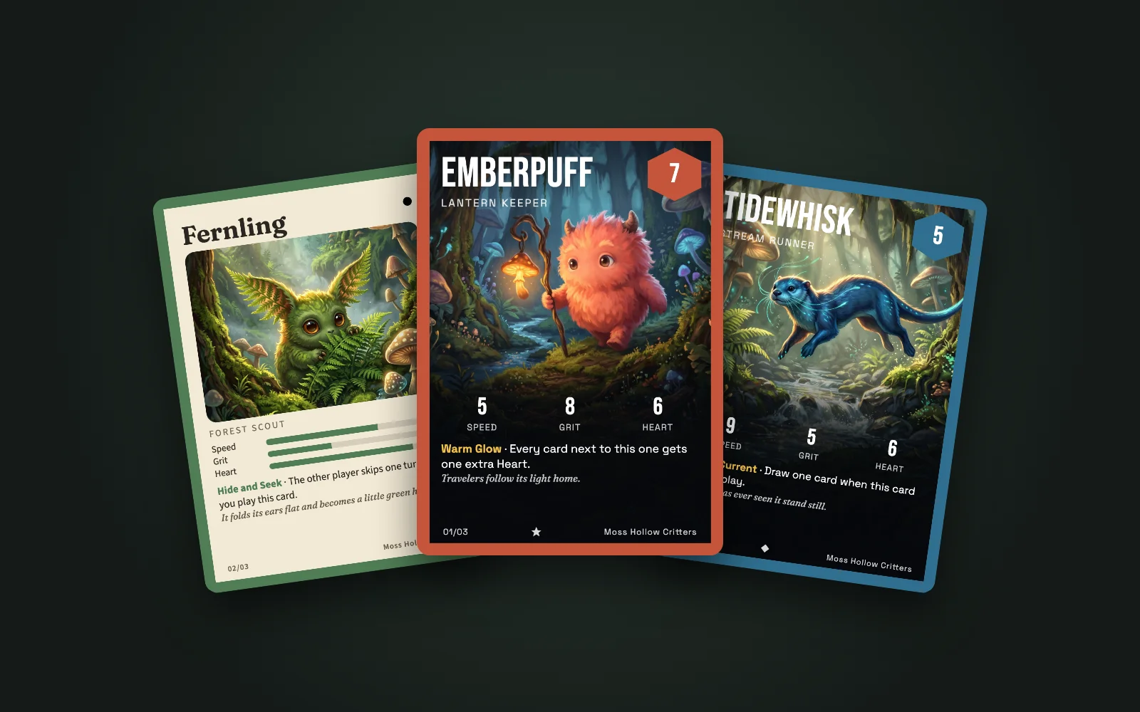 Three trading cards: Fernling on a cream field-guide frame with stat meters, Emberpuff holding a mushroom lantern on a red vanguard frame, Tidewhisk the blue otter-like creature on a blue frame