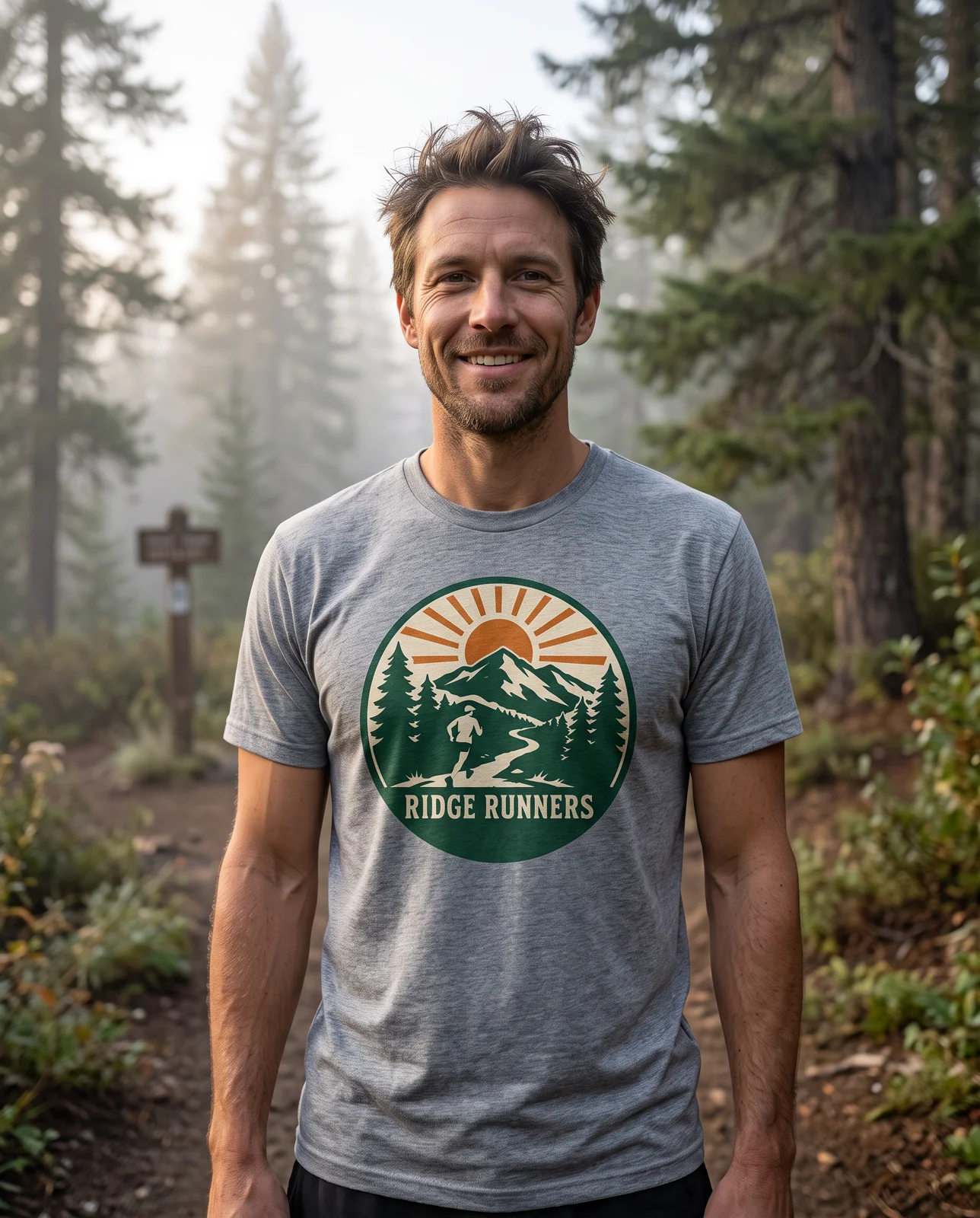 Shirt mockup: an AI-generated trail runner wearing a heather grey tee printed with the Ridge Runners mountain sunrise badge