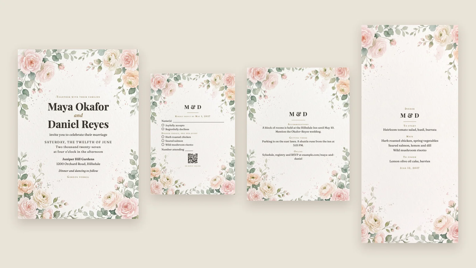 Watercolor rose wedding suite: invitation for Maya Okafor and Daniel Reyes, RSVP card with meal choices and QR code, details card and dinner menu