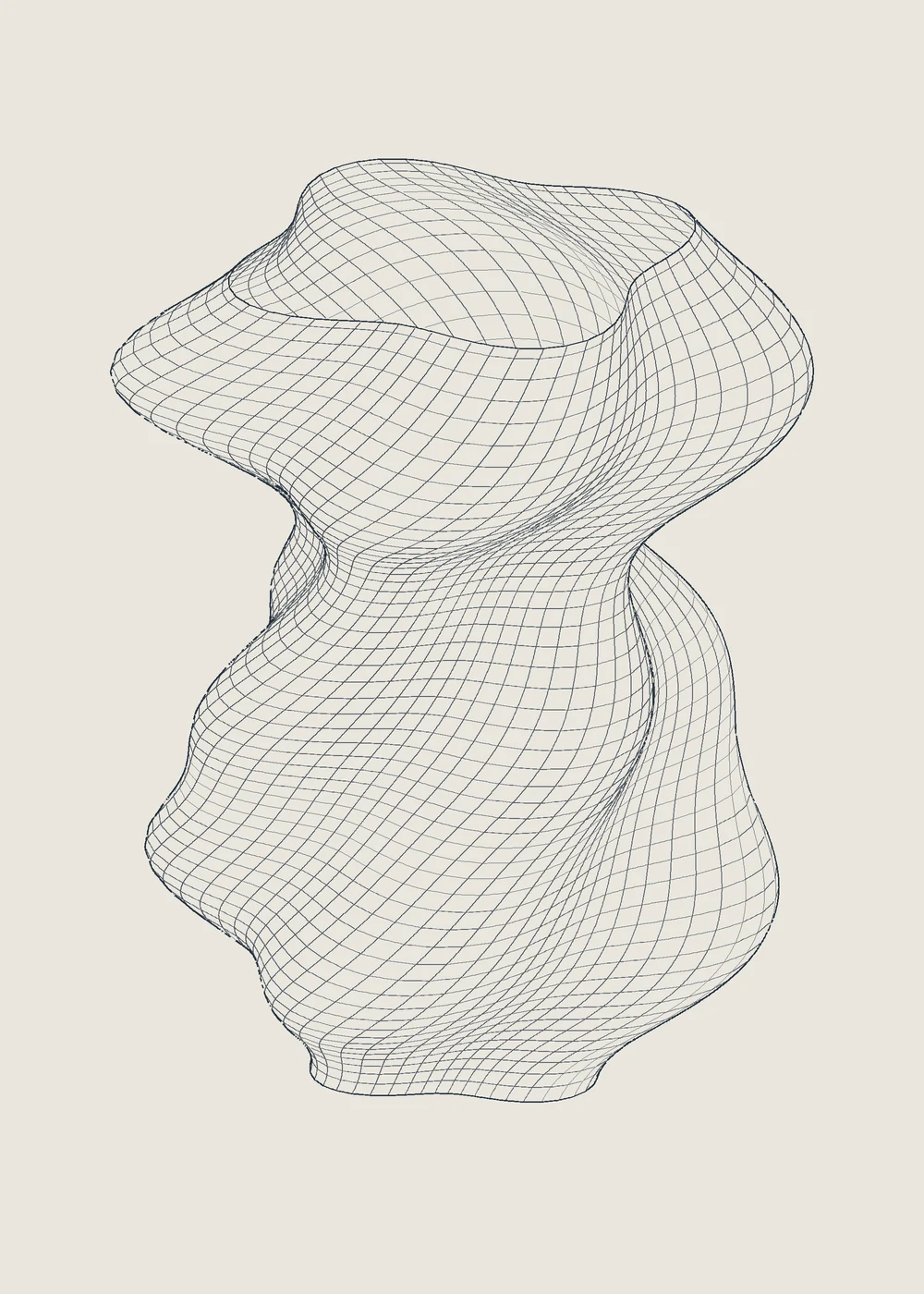 Twisting hollow sculpture drawn as fine visible wireframe lines on pale paper