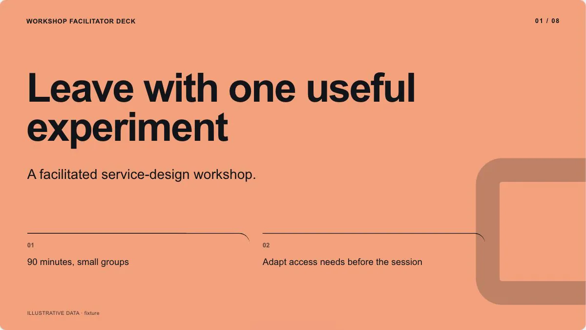 Decision Workshop Deck sample, slide 1: Leave with one useful experiment