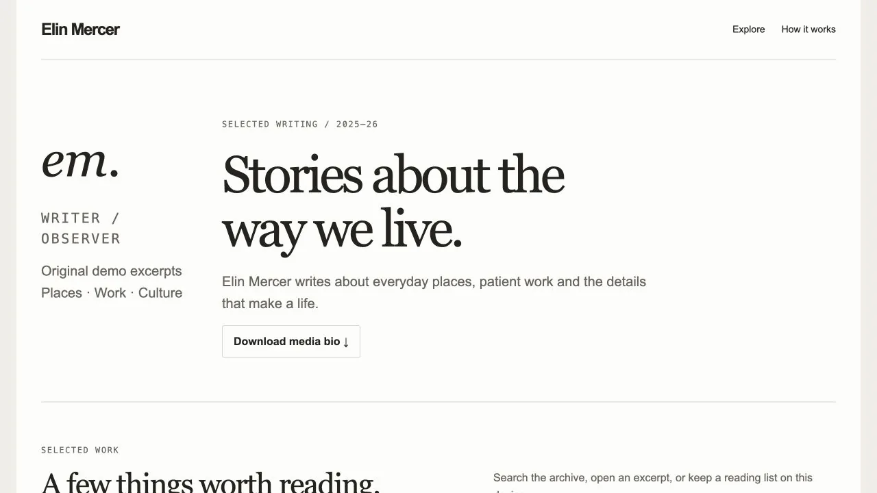 Writer Portfolio Website: first screen of the included example
