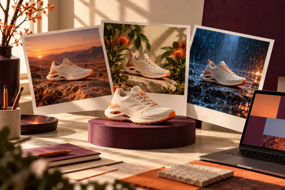 Concept illustration of a developer’s desk and the same orange-accented shoe in three settings; not an interface or measured model output.