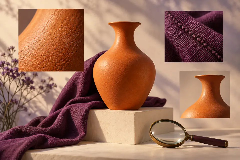Original conceptual material-detail study made for this guide, not a Magnific before-and-after result