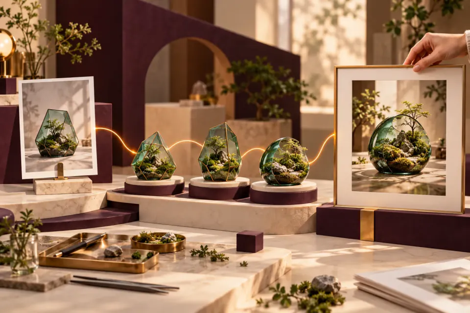 Originelle Konzeptillustration eines Terrariums an drei kreativen Arbeitsstationen; keine Replicate-Oberfläche, kein Deployment-Schaubild und kein Messergebnis.