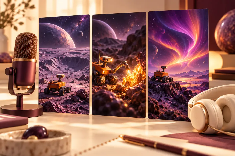 Original concept illustration of an orange rover in three lunar scenes beside a microphone and headphones; not Vadoo footage or a product interface.