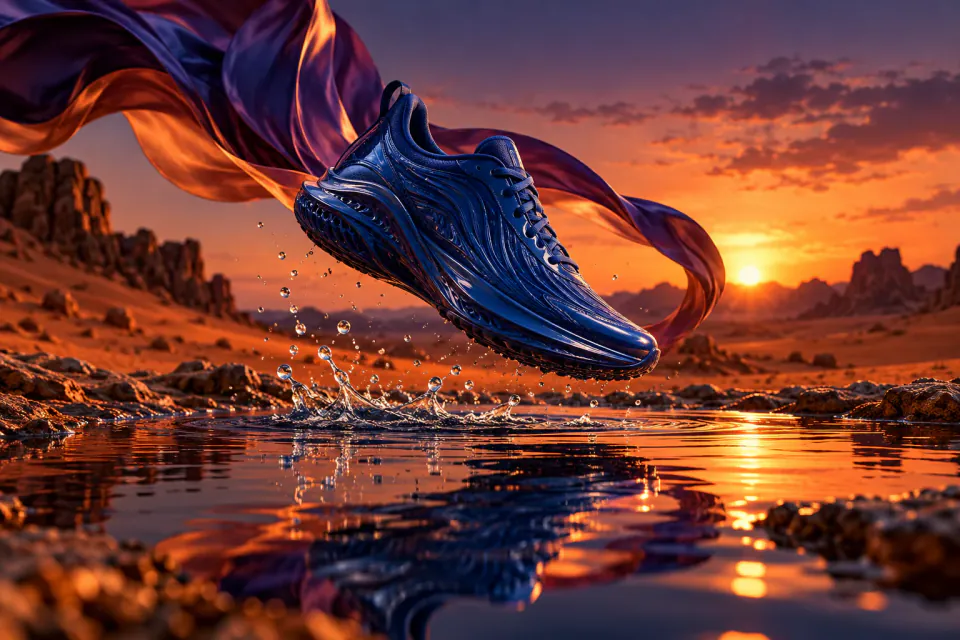 Original concept of a blue shoe above a reflective pool, illustrating media creation rather than a WaveSpeedAI interface or output