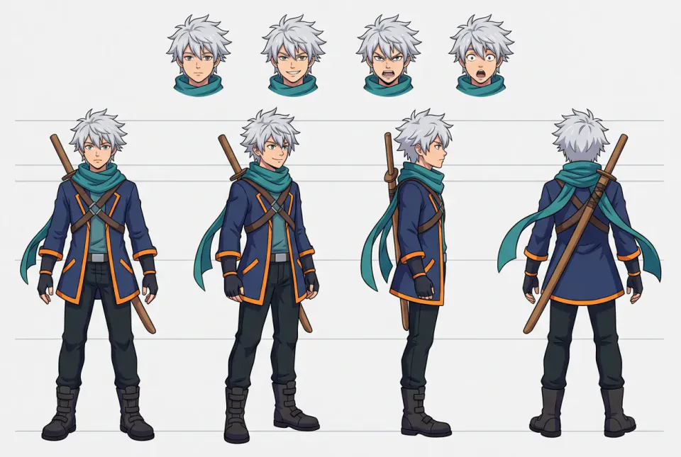 銀髪の剣士を 4 つのビューで描いたアニメ風三面図
